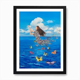 Woman Made of Butterflies Surreal Blue Sky And Ocean Art Print