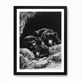 Malayan Sun Bear Family Sleeping In A Cave Ink Illustration 3 Art Print