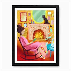 Reading In A Rocking Chair At The Fireplace Art Print