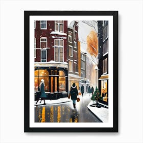 Amsterdam cafes, winter season, Christmas, autumn oil colors, pale colors, pedestrians in the street, winter clothes, falling snow.12 1 Poster