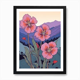 Pink Tulips Mountain Landscape Art Print
