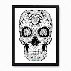 Sugar Skull Day Of The Dead Inspired 1 Skull Line Drawing Art Print