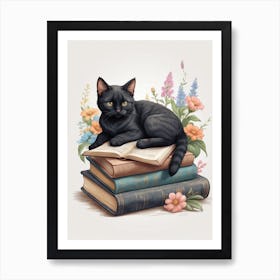 Black Cat On Books Art Print