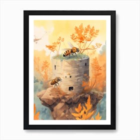 Orange Banded Bee Beehive Watercolour Illustration 2 Art Print