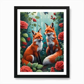 Foxes In The Forest Art Print