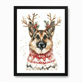 German Shepherd In Christmas Jumper And Reindeer Antlers Neutral Art Print