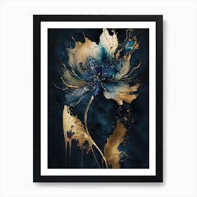 Blue Gold Flower Canvas Art Print
