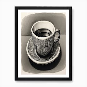 Coffee Cup Print Black Pen Drawing Art Print