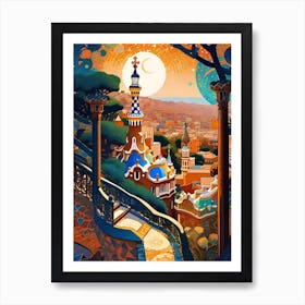 Barcelona Park Guell ~ Gaudi Spain Travel Adventure Visionary Wall Decor Futuristic Sci-Fi Trippy Surrealism Modern Digital Psychedelic Cubic Fantasy Art Full Moons Stars Mandala Spiritual Fractals Space DMT Vibrant Art Print