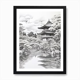 Kinkaku Ji (Golden Pavilion) In Kyoto, Ukiyo E Black And White Line Art Drawing 4 Art Print