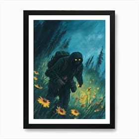 Man Walking Through A Field Of Flowers Art Print