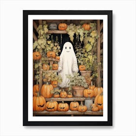 Cute Bedsheet Ghost, Botanical Halloween Watercolour 106 Art Print