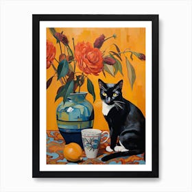 Bluebell Flower Vase And A Cat, A Painting In The Style Of Matisse 1 Art Print