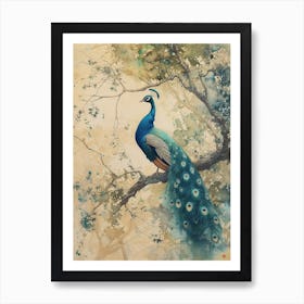 Sepia Watercolour Peacock On The Tree Branch Art Print