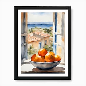 Oranges in a bowl in front of a window Art Print