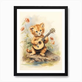 Playing Music Watercolour Lion Art Painting 1 Art Print