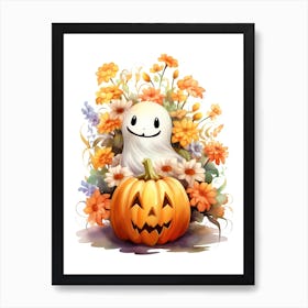 Cute Ghost With Pumpkins Halloween Watercolour 122 Art Print