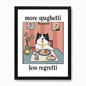 More Spaghetti Less Regretti White Black Dog Print Retro Diner Poster Cartoon Dining Pasta Posters, Italian Kitchen Art Print