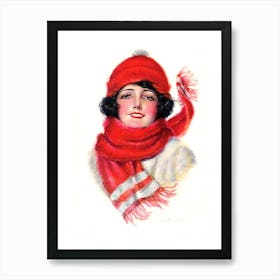 Portrait Of A Smiling Young Woman In Winter cap And A Shawl Art Print