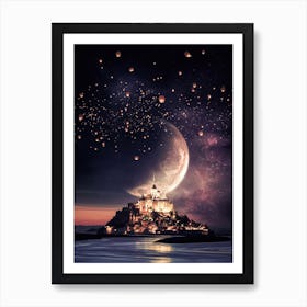 Mont Saint Michel Church, Moon And Chinese Lanterns Art Print