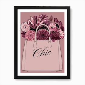 Fashionable wall art pink handbag with pink and purple floral flowers with the word chic retro print trending 2025 Art Print