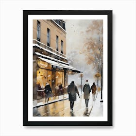 Paris cafes, winter season, Christmas, autumn oil colors, pale colors, pedestrians in the street, winter clothes, falling snow.Christmas decorations.7 1 Art Print