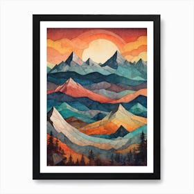 Minimalist Sunset Low Poly Mountains (29) Art Print