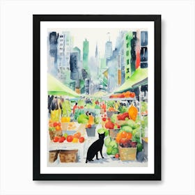 Food Market With Cats In New York 2 Watercolour Art Print