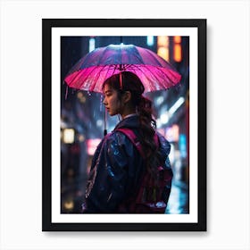 Japanese Girl And Rain Art Print