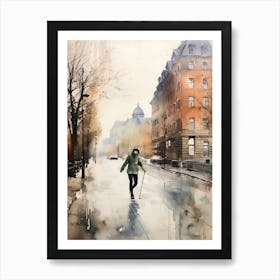 Girl Skateboarding In Oslo, Norway Watercolour 2 Art Print