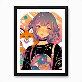 Pretty Anime Girl with Fox 1 Art Print