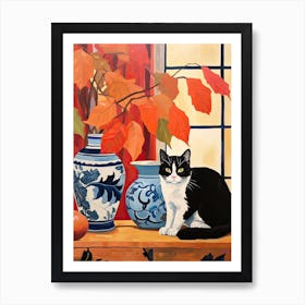 Pansy Flower Vase And A Cat, A Painting In The Style Of Matisse 2 Art Print
