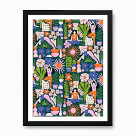 Multicolor Women Doing Yoga Poses and Mindful Meditation on Dark Green Art Print