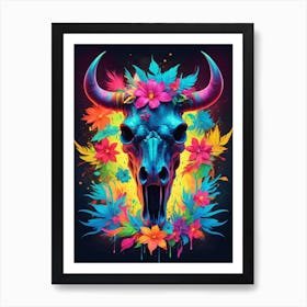 Floral Bull Skull Neon Iridescent Painting (4) Art Print