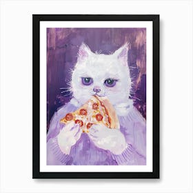 White Cat Eating Pizza Folk Illustration 3 Art Print