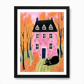 Black Cat Playing And Pink House Affiche