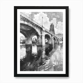 Congress Avenue Bridge Austin Texas Black And White Watercolour 3 Art Print