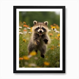 Cute Funny Honduran Raccoon Running On A Field Wild 2 Art Print