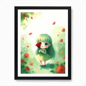 Kawaii Girl with Red Rose Affiche