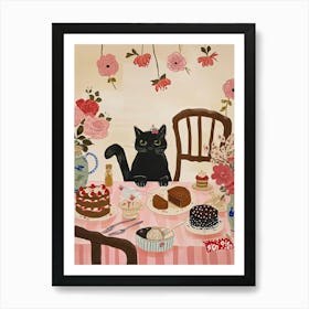 Birthday Black Cat With Cakes And Flower Painting Cat Kitchen Print Cat Lover Gift Cute Cat Print Kitchen Art Print