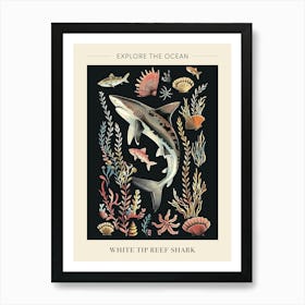 White Tip Reef Shark Seascape Black Background Illustration 4 Poster Art Print
