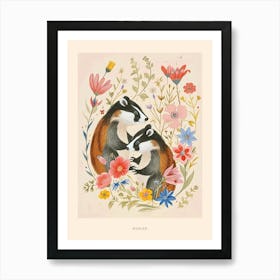 Folksy Floral Animal Drawing Badger 4 Poster Art Print