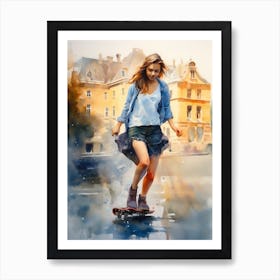 Girl Skateboarding In Copenhagen, Denmark Watercolour 3 Art Print