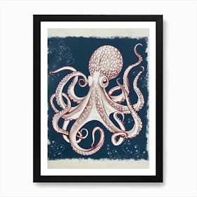 Navy Blue & Red Linocut Inspired Octopus Art Print