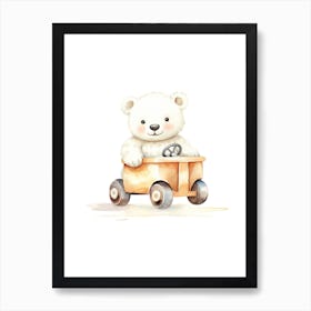Baby Polar Bear On A Toy Car, Watercolour Nursery 2 Art Print