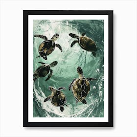 Sea Turtles In An Underwater World Textured Illustration 1 Art Print