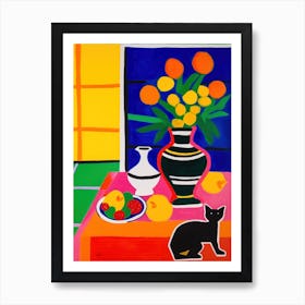 A Painting Of A Still Life Of A Freesia With A Cat In The Style Of Matisse 1 Art Print