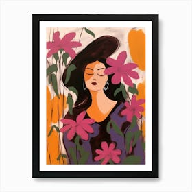 Woman With Autumnal Flowers Fuchsia 3 Art Print