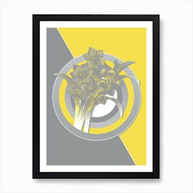 Vintage Chinese Sacred Lily Botanical Geometric Art in Yellow and Gray n.149 Art Print
