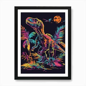 Neon Dinosaur With Palm Trees Art Print